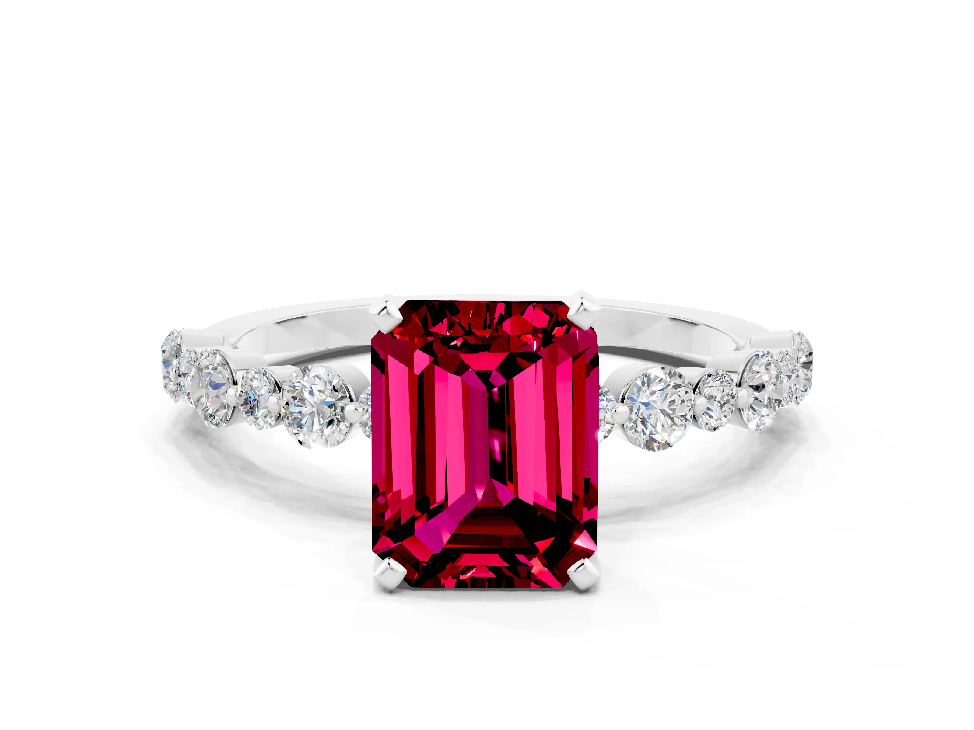 White gold Emerald Cut Garnet Prong Set Engagement Ring with Pavé Band