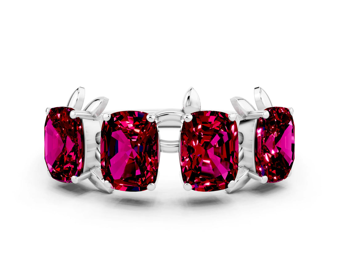 White gold Emerald Cut Garnet Prong-Set Half Eternity Band_18