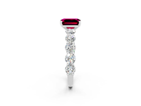 Platinum Emerald Cut Garnet Prong Setting with Side Stones on a Pave Band
