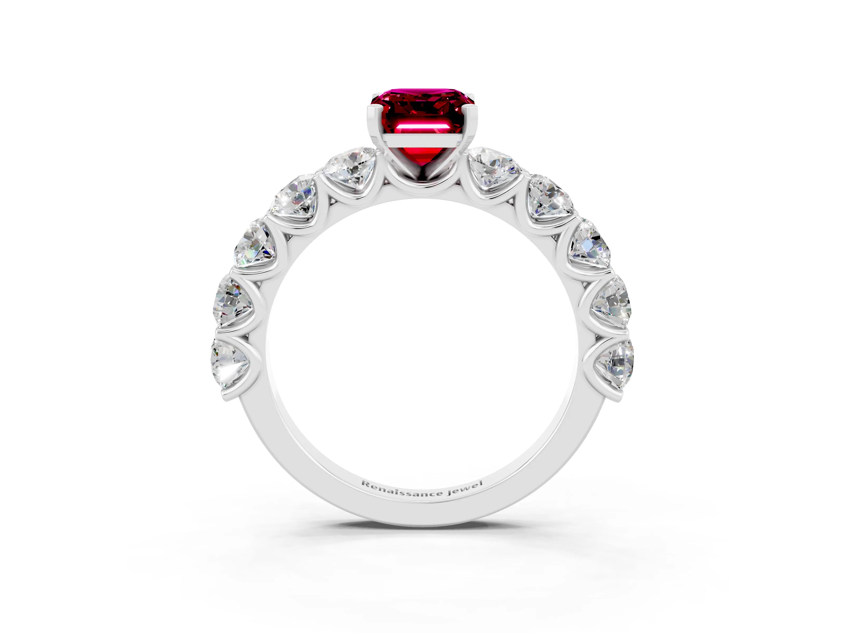 White gold Emerald Cut Garnet Prong Setting with Side Stones on a Pave Band_3