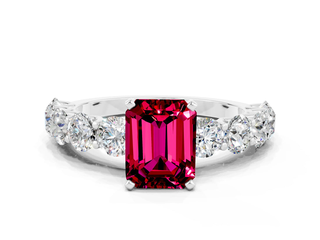 White gold Emerald Cut Garnet Prong Setting with Side Stones on a Pave Band