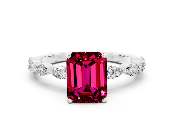Platinum Emerald Cut Garnet Ring with Marquise Side Stones and Prong Setting