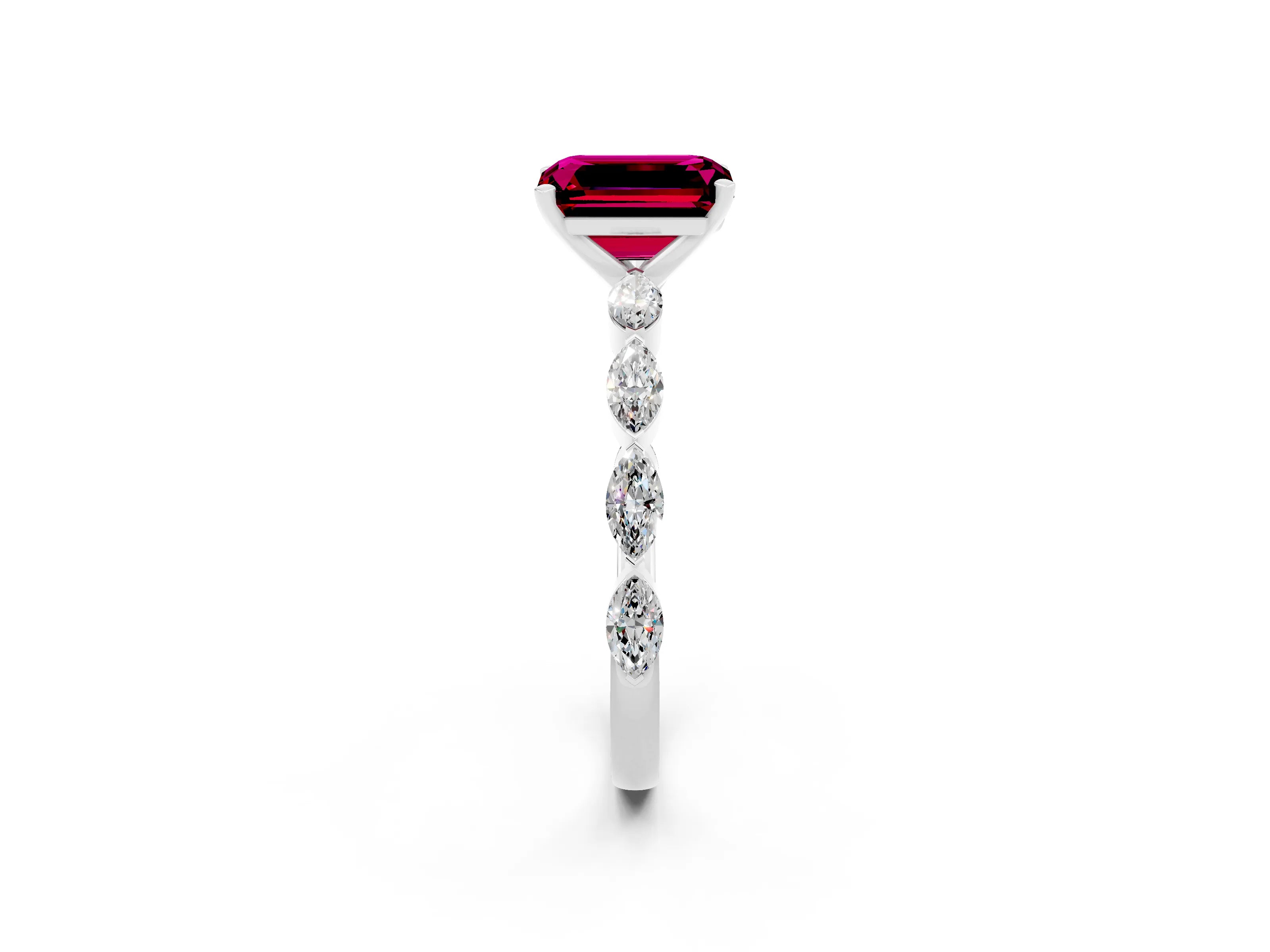 White gold Emerald Cut Garnet Ring with Marquise Side Stones and Prong Setting_2