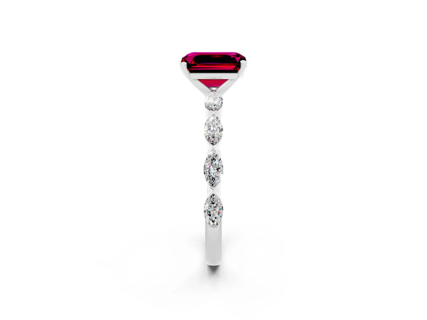 White gold Emerald Cut Garnet Ring with Marquise Side Stones and Prong Setting