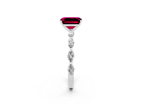 White gold Emerald Cut Garnet Ring with Marquise Side Stones and Prong Setting_2