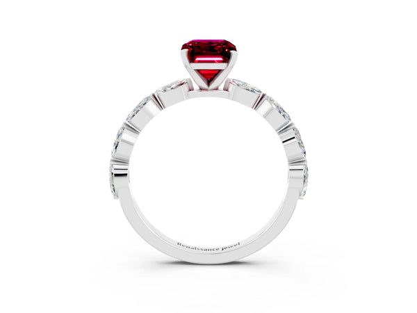 Platinum Emerald Cut Garnet Ring with Marquise Side Stones and Prong Setting