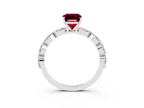 White gold Emerald Cut Garnet Ring with Marquise Side Stones and Prong Setting_3