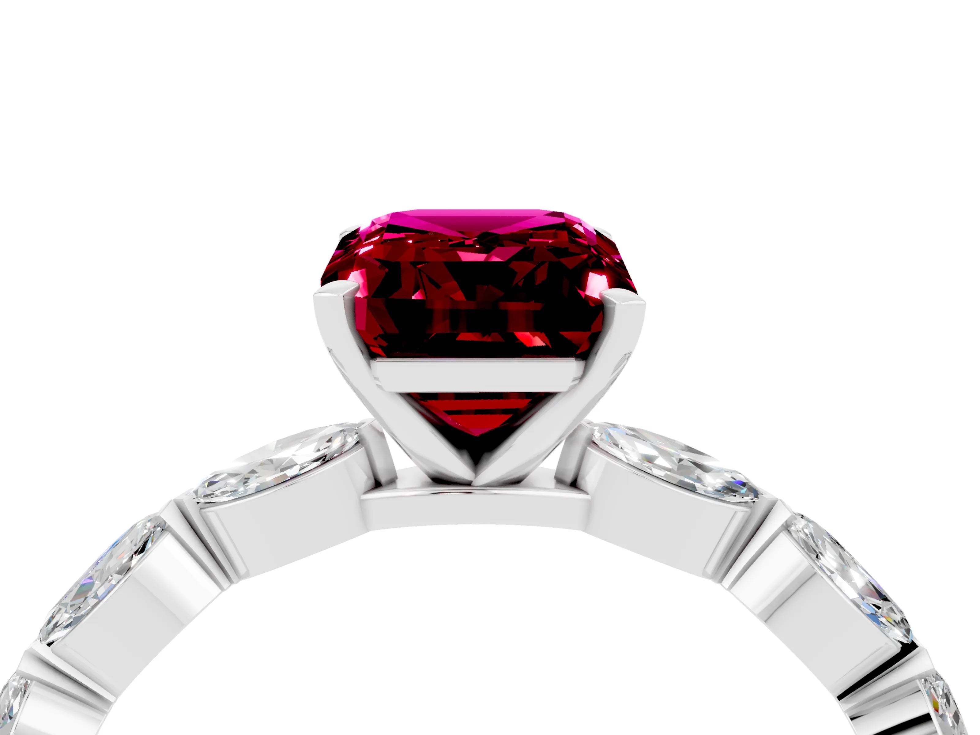 White gold Emerald Cut Garnet Ring with Marquise Side Stones and Prong Setting_4