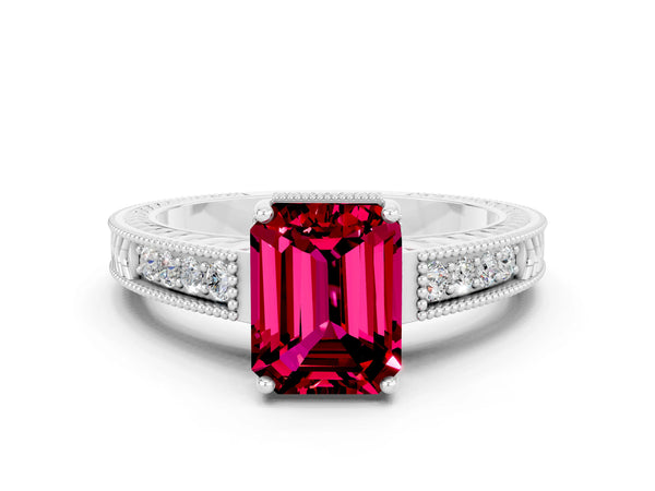 Silver Emerald Cut Garnet Ring with Milgrain Pavé Band and Four-Prong Setting