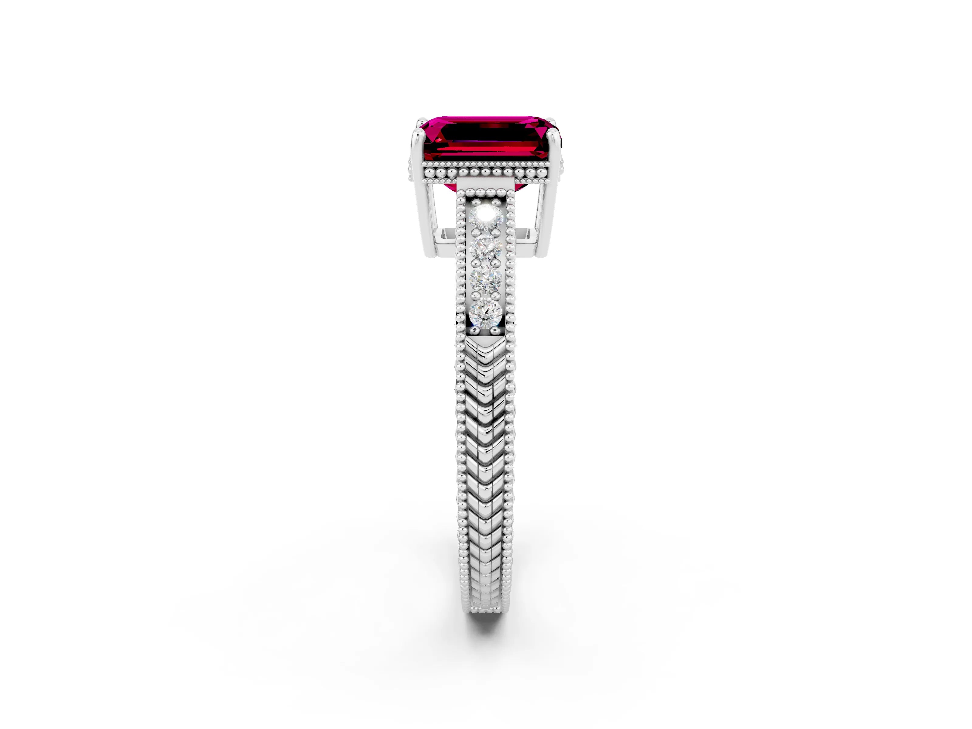 White gold Emerald Cut Garnet Ring with Milgrain Pavé Band and Four-Prong Setting_14