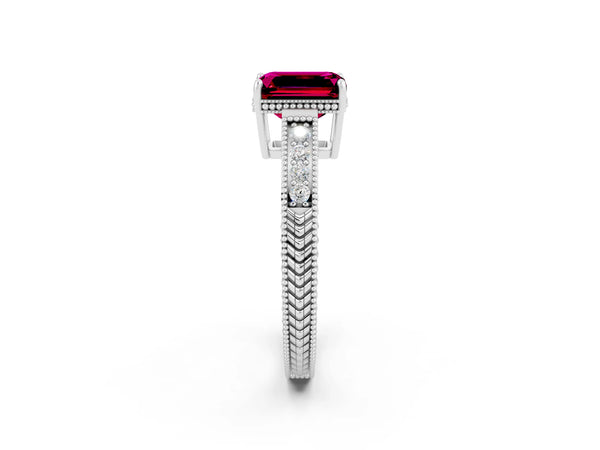 Silver Emerald Cut Garnet Ring with Milgrain Pavé Band and Four-Prong Setting