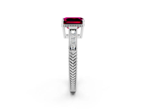 White gold Emerald Cut Garnet Ring with Milgrain Pavé Band and Four-Prong Setting_14