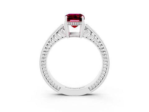 White gold Emerald Cut Garnet Ring with Milgrain Pavé Band and Four-Prong Setting_15