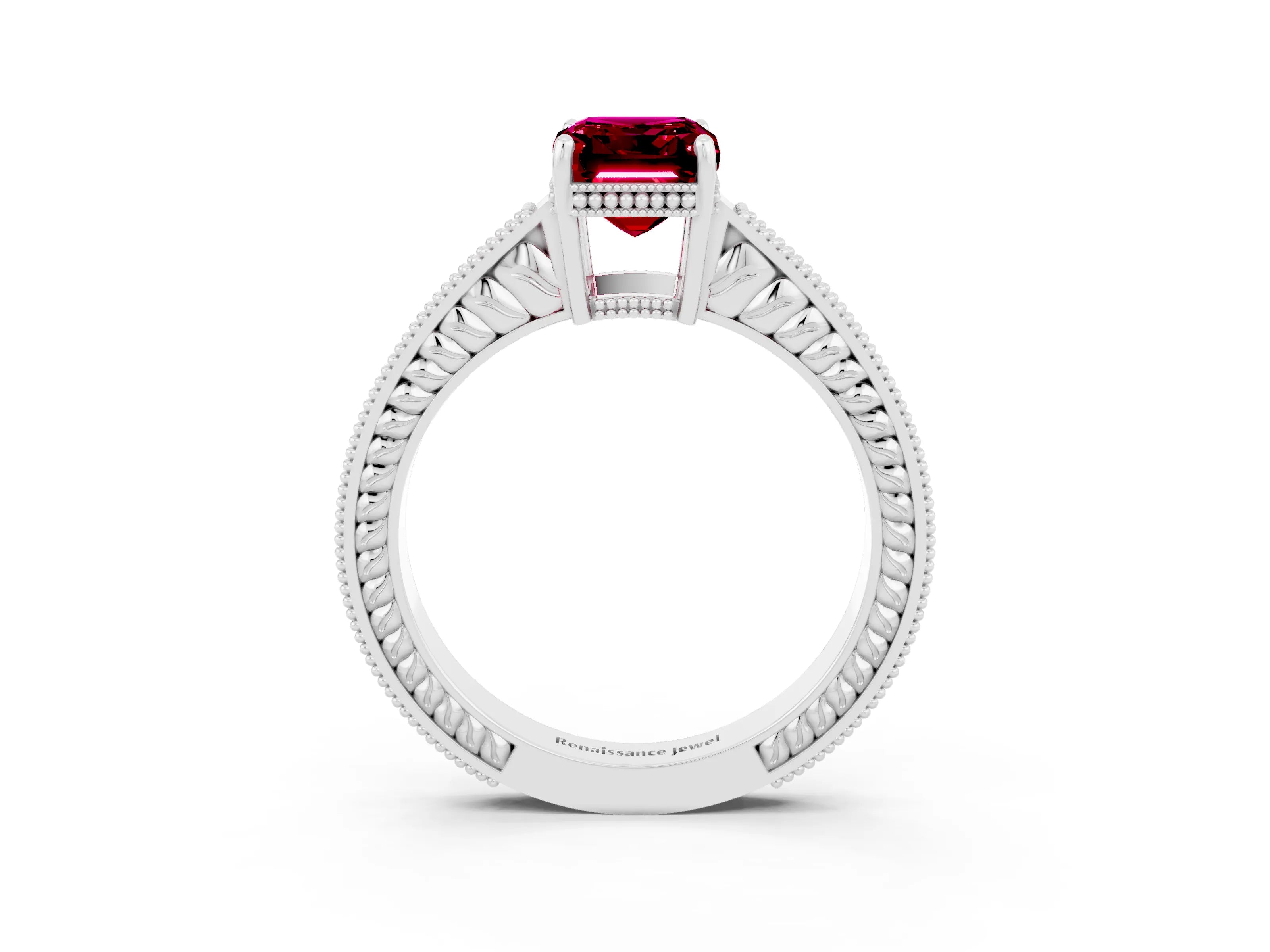 White gold Emerald Cut Garnet Ring with Milgrain Pavé Band and Four-Prong Setting_15