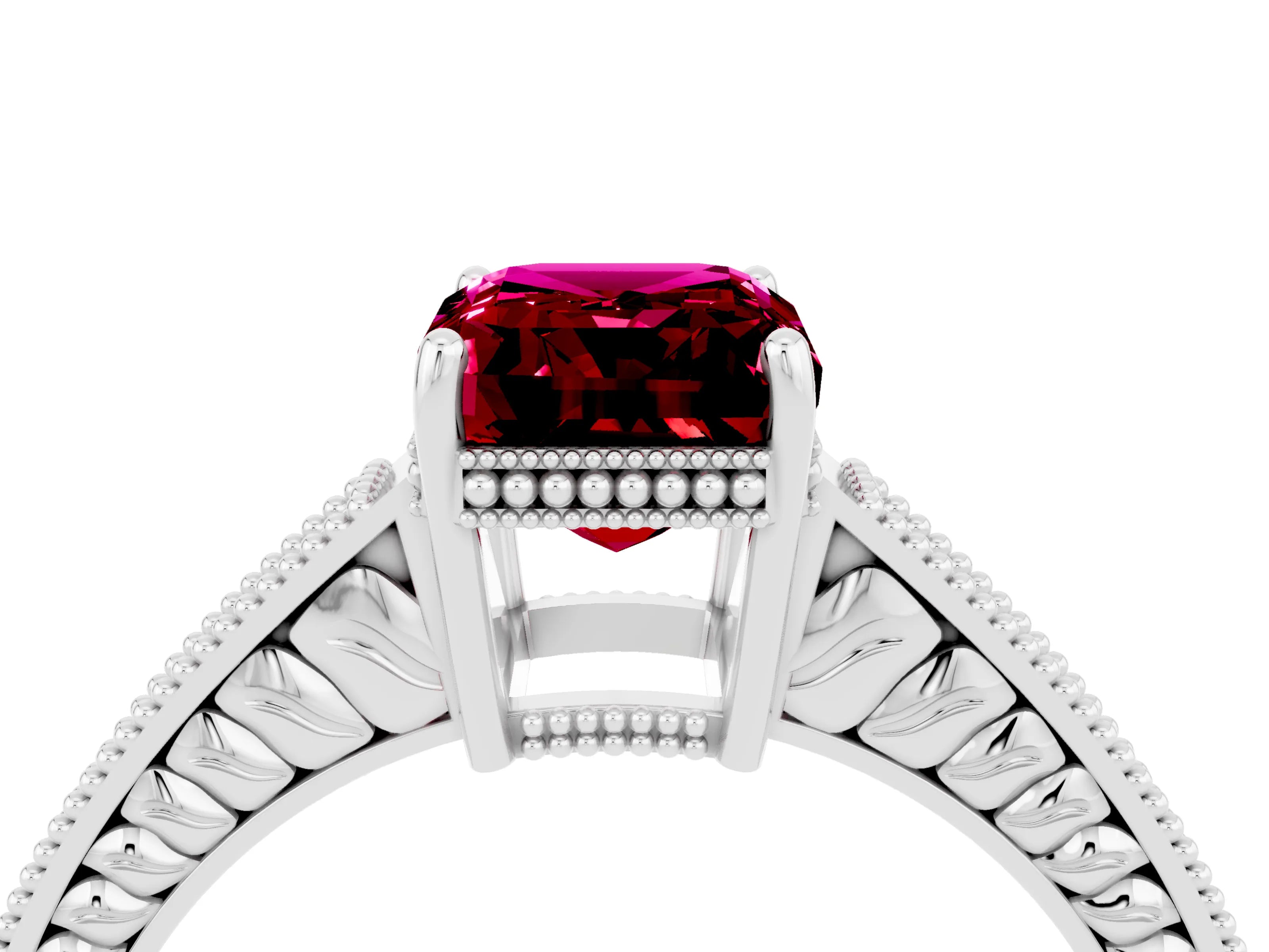 White gold Emerald Cut Garnet Ring with Milgrain Pavé Band and Four-Prong Setting_16