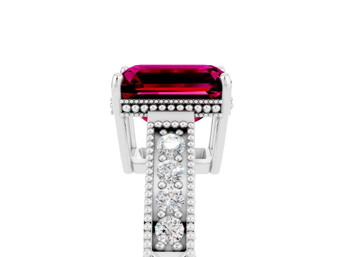 White gold Emerald Cut Garnet Ring with Milgrain Pavé Band and Four-Prong Setting_17