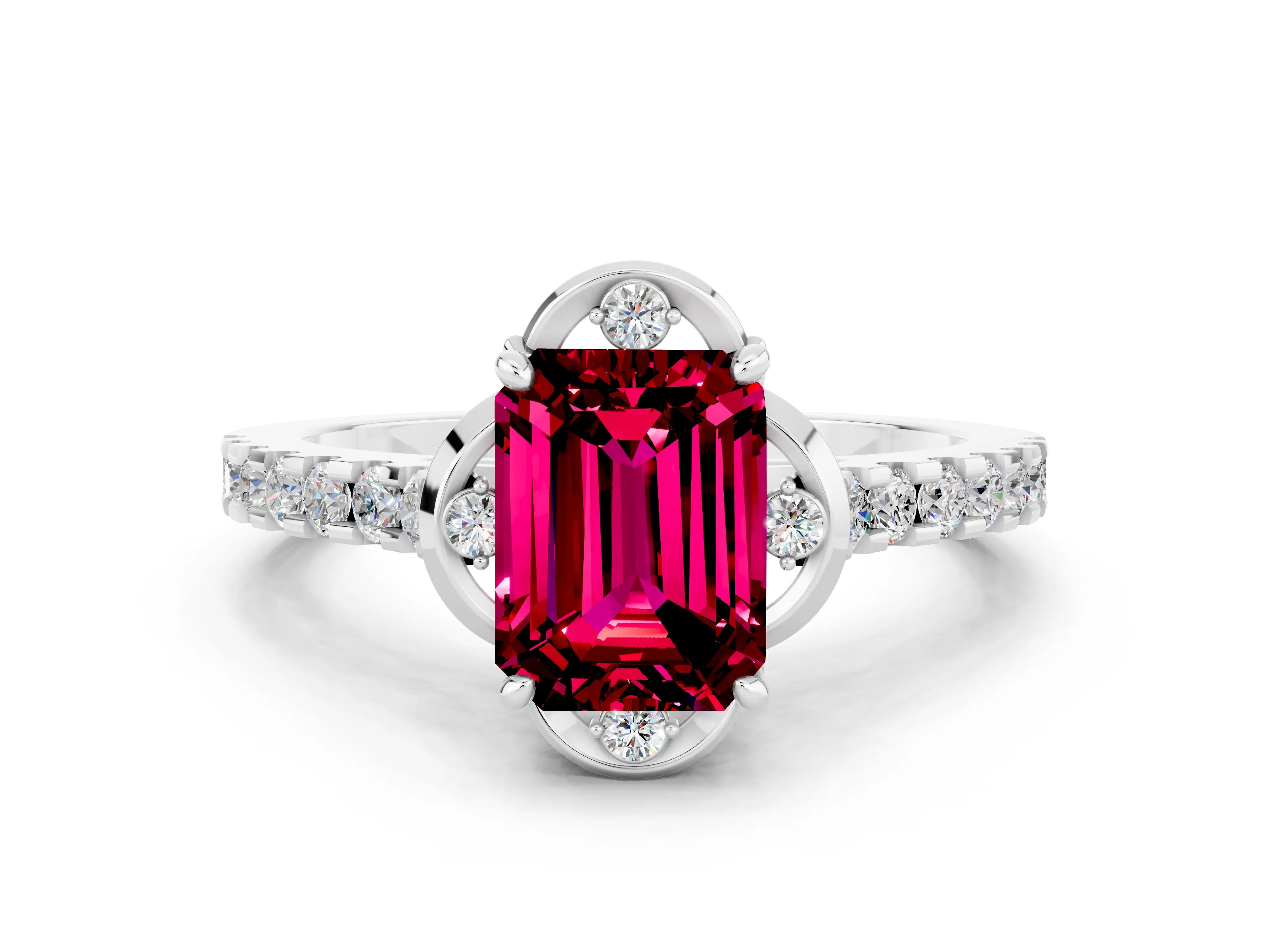 White gold Emerald Cut Garnet Ring with Pavé Band and Floral Prong Setting