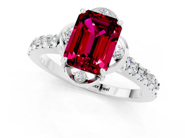 Silver Emerald Cut Garnet Ring with Pavé Band and Floral Prong Setting