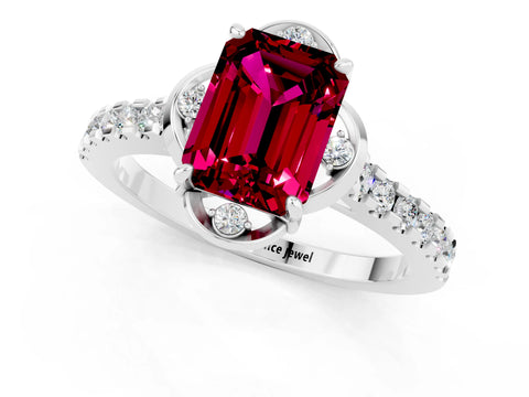 White gold Emerald Cut Garnet Ring with Pavé Band and Floral Prong Setting_1