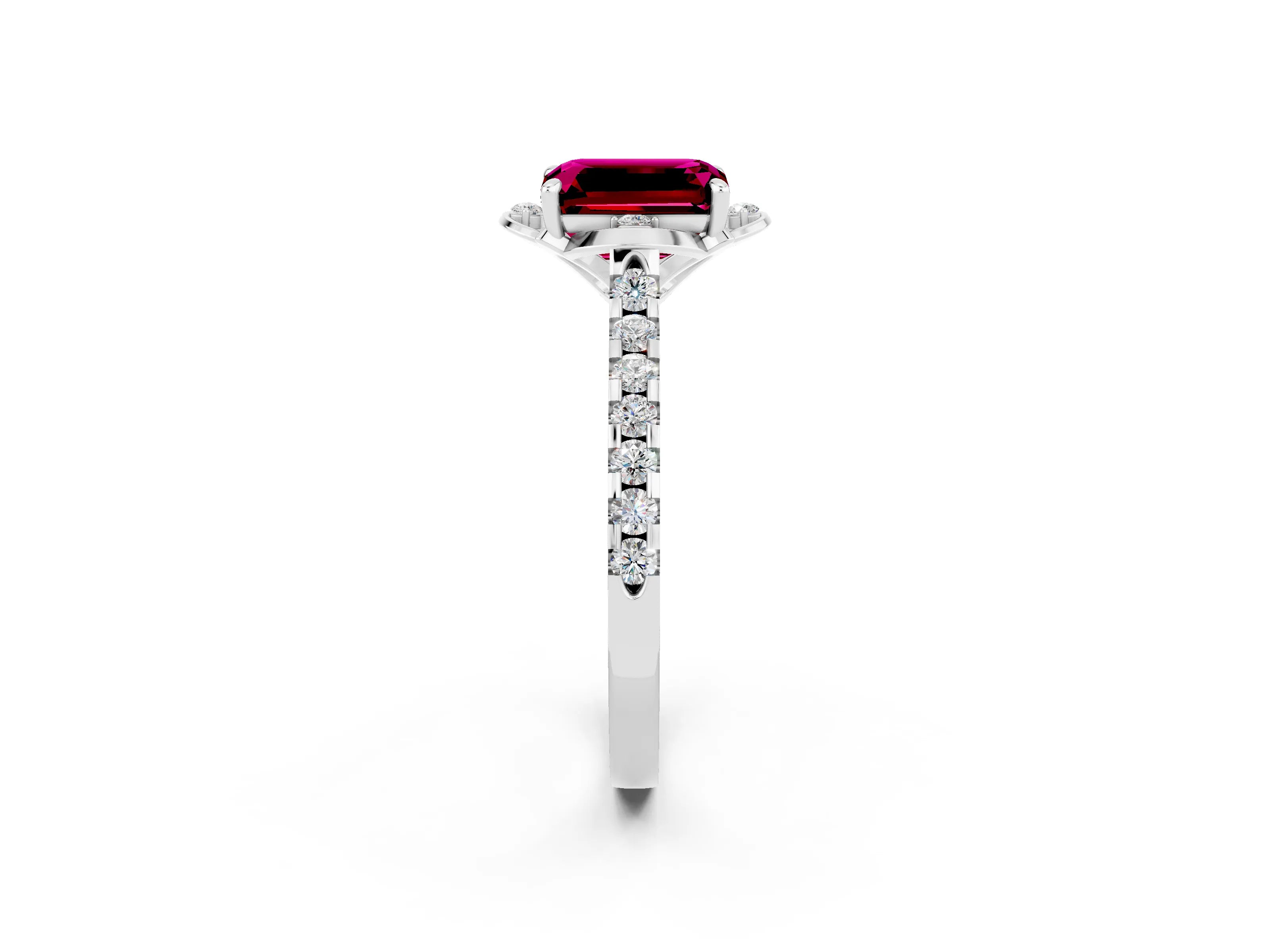 White gold Emerald Cut Garnet Ring with Pavé Band and Floral Prong Setting_2
