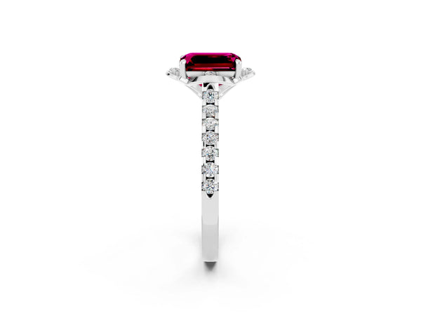 White gold Emerald Cut Garnet Ring with Pavé Band and Floral Prong Setting