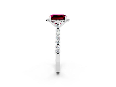 White gold Emerald Cut Garnet Ring with Pavé Band and Floral Prong Setting_2