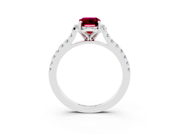 Platinum Emerald Cut Garnet Ring with Pavé Band and Floral Prong Setting