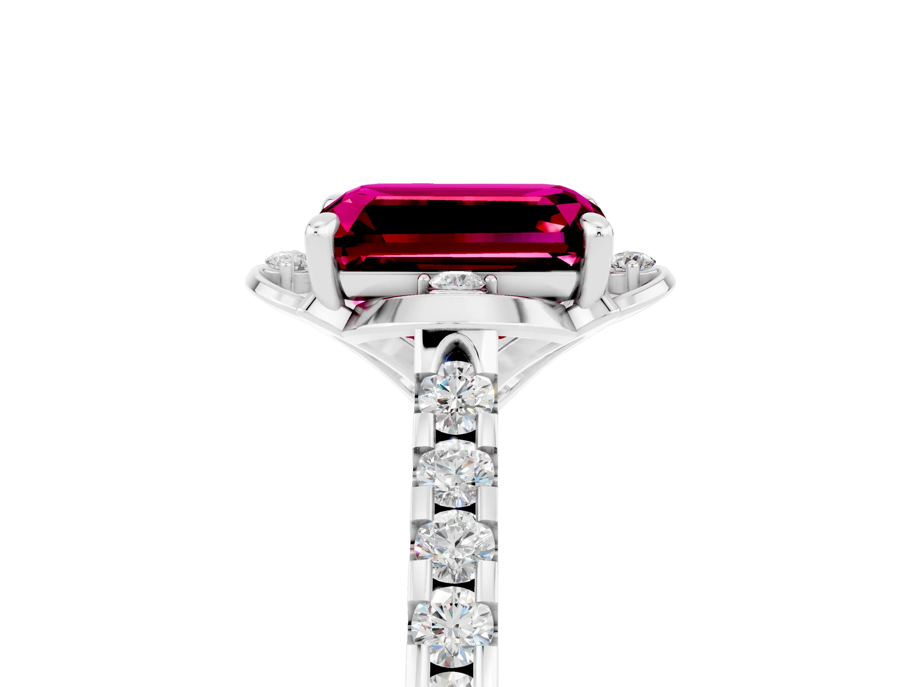 White gold Emerald Cut Garnet Ring with Pavé Band and Floral Prong Setting_5