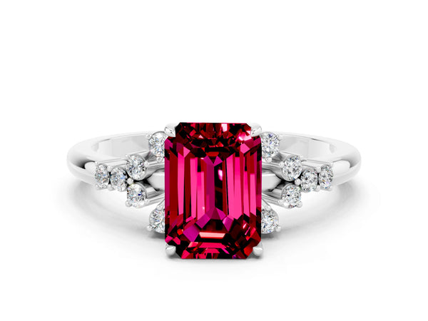 Platinum Emerald Cut Garnet Ring with Side Stones and Four-Prong Setting