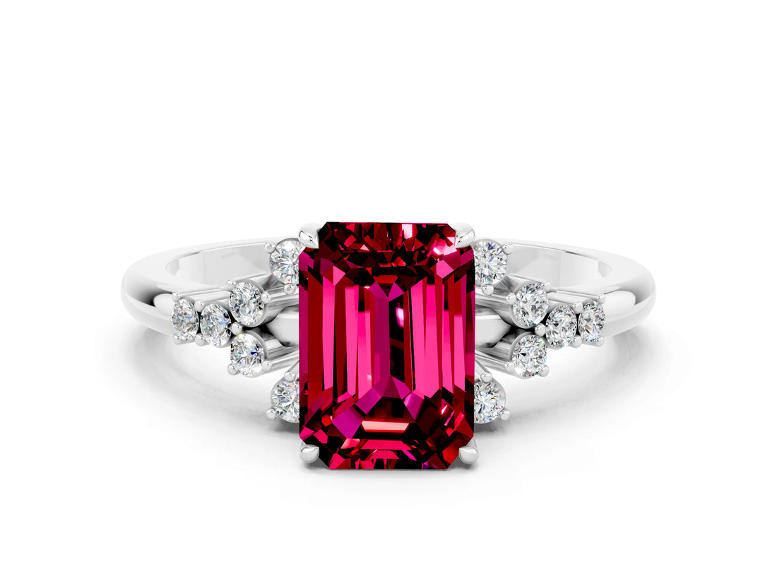 White gold Emerald Cut Garnet Ring with Side Stones and Four-Prong Setting_36
