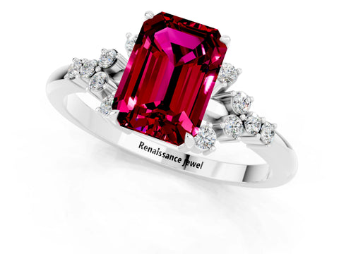 White gold Emerald Cut Garnet Ring with Side Stones and Four-Prong Setting_37