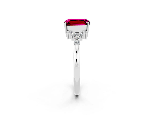 Silver Emerald Cut Garnet Ring with Side Stones and Four-Prong Setting