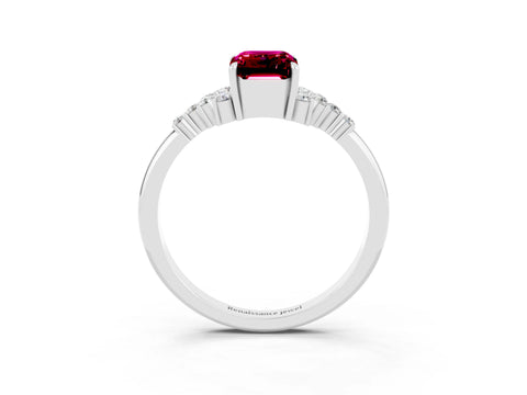 White gold Emerald Cut Garnet Ring with Side Stones and Four-Prong Setting_39