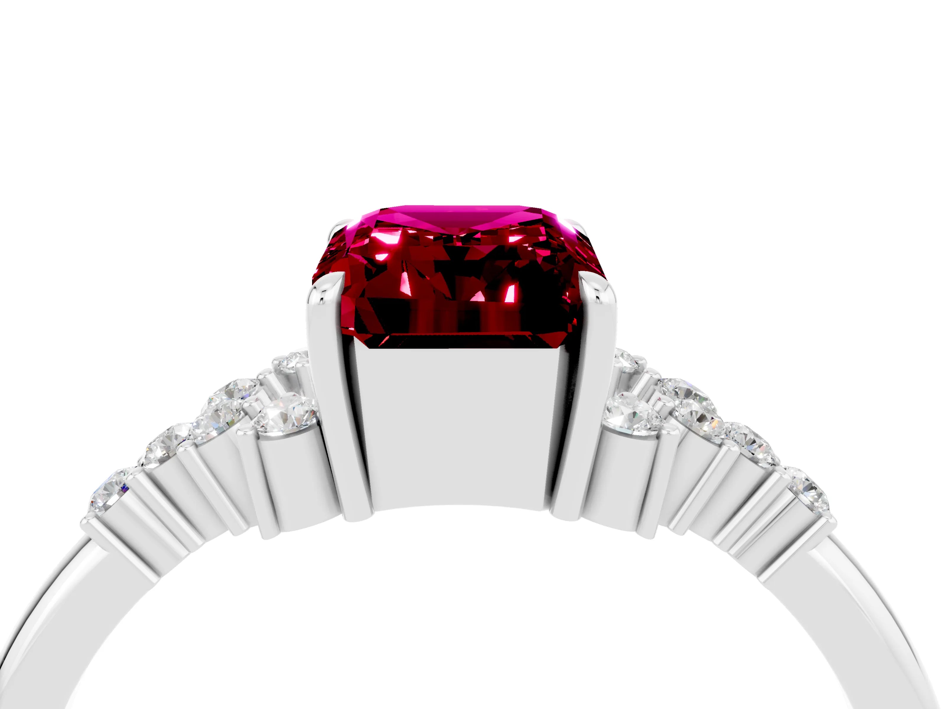 White gold Emerald Cut Garnet Ring with Side Stones and Four-Prong Setting_40