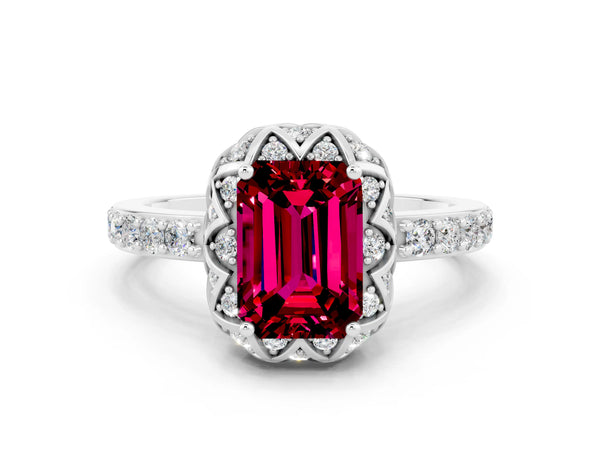Silver Emerald Cut Garnet Scalloped Halo Engagement Ring with Round Shared Prong Band