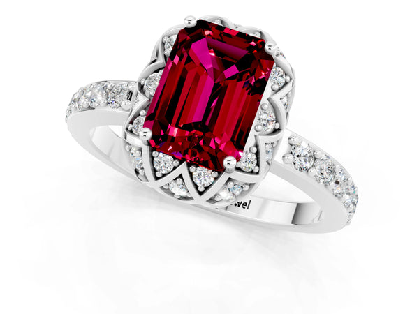 Platinum Emerald Cut Garnet Scalloped Halo Engagement Ring with Round Shared Prong Band