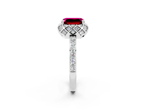 Platinum Emerald Cut Garnet Scalloped Halo Engagement Ring with Round Shared Prong Band