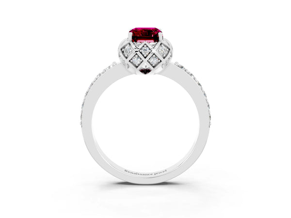 Platinum Emerald Cut Garnet Scalloped Halo Engagement Ring with Round Shared Prong Band