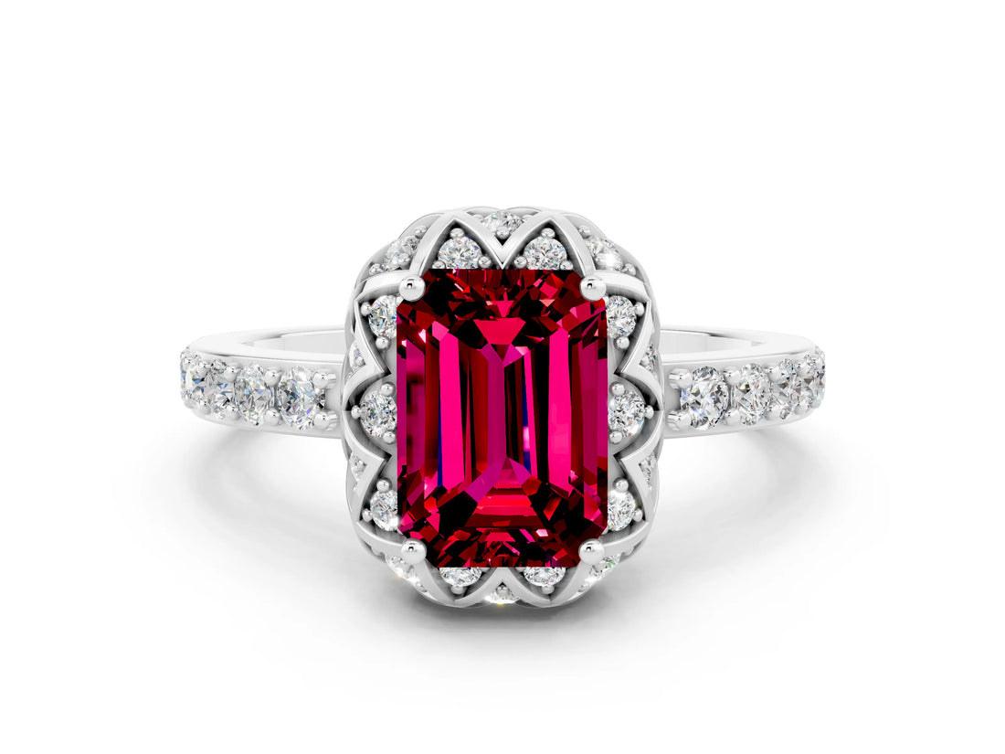 White gold Emerald Cut Garnet Scalloped Halo Engagement Ring with Round Shared Prong Band_36