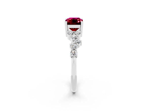 Platinum Emerald Cut Garnet Scattered Round Accent Ring with Prong Setting