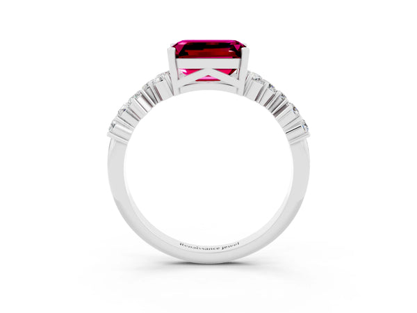 Silver Emerald Cut Garnet Scattered Round Accent Ring with Prong Setting
