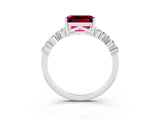 White gold Emerald Cut Garnet Scattered Round Accent Ring with Prong Setting_27