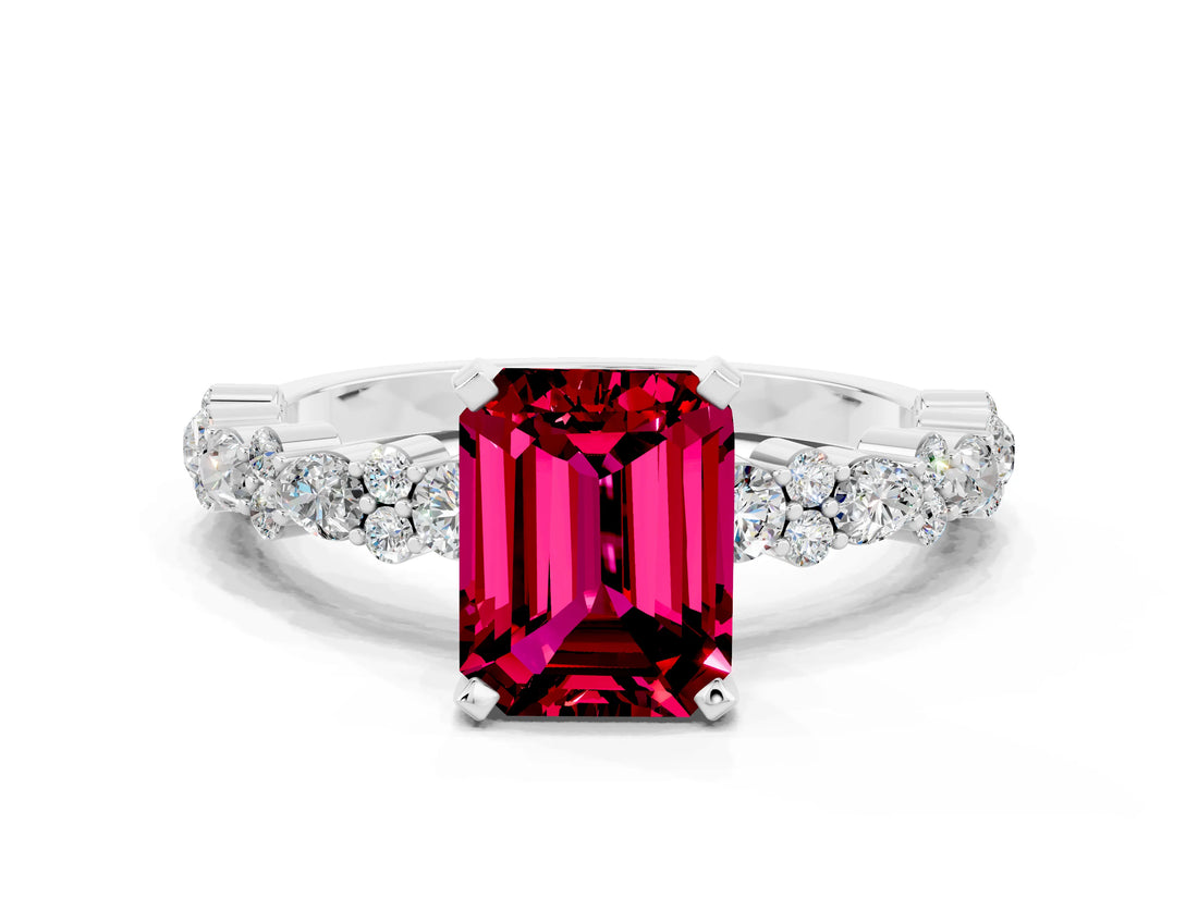 White gold Emerald Cut Garnet Side Stone Solitaire Ring with Round  and Four-Prong Setting_60