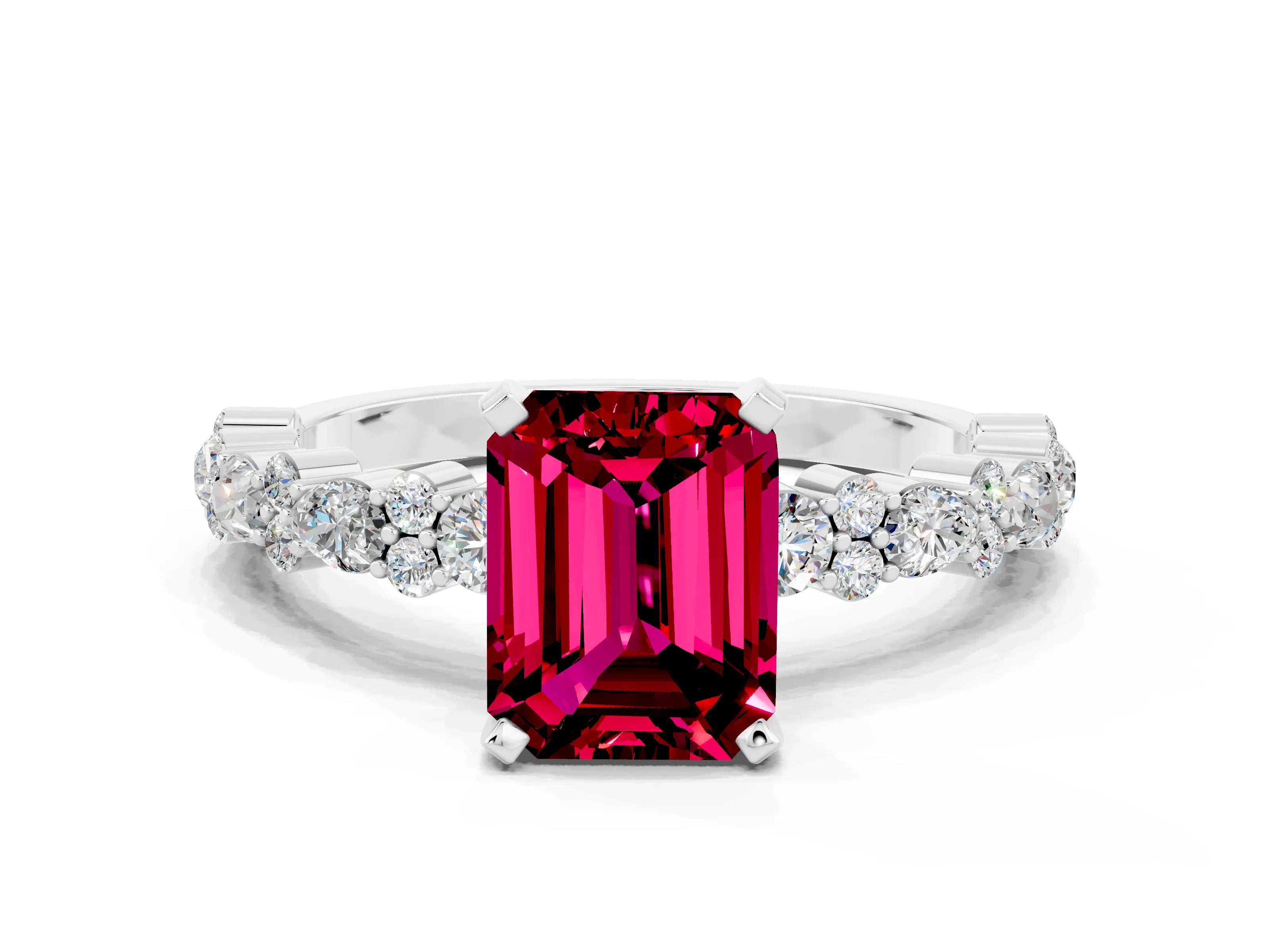 White gold Emerald Cut Garnet Side Stone Solitaire Ring with Round  and Four-Prong Setting_60