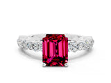 White gold Emerald Cut Garnet Side Stone Solitaire Ring with Round  and Four-Prong Setting_60