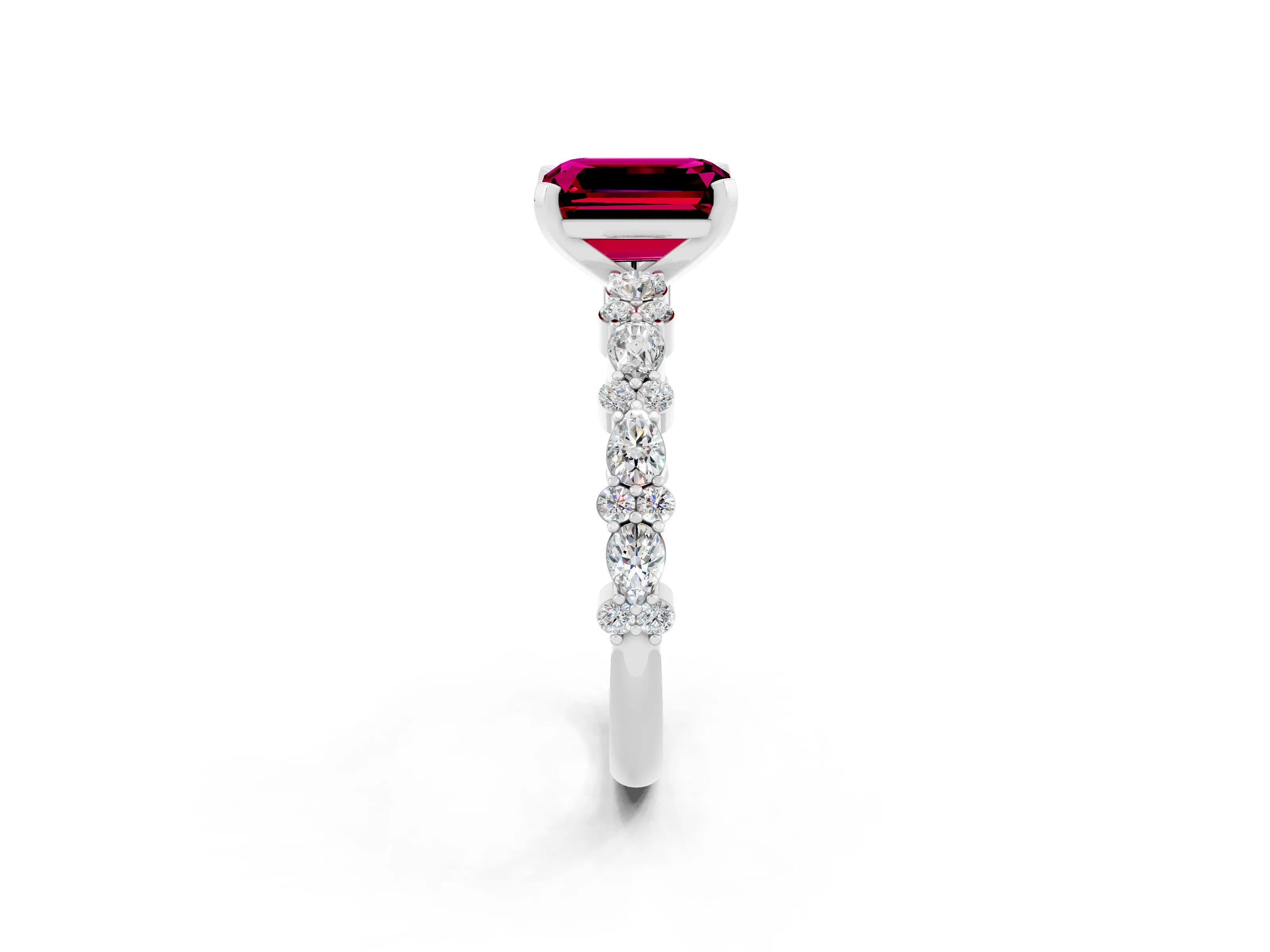 White gold Emerald Cut Garnet Side Stone Solitaire Ring with Round  and Four-Prong Setting_62