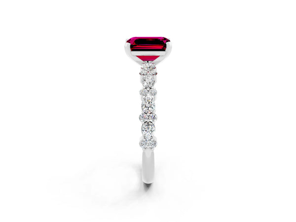 Silver Emerald Cut Garnet Side Stone Solitaire Ring with Round  and Four-Prong Setting