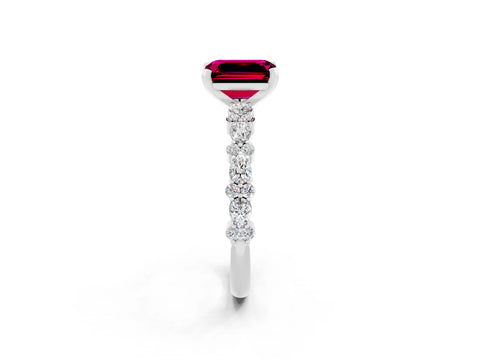 White gold Emerald Cut Garnet Side Stone Solitaire Ring with Round  and Four-Prong Setting_62