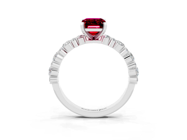 White gold Emerald Cut Garnet Side Stone Solitaire Ring with Round  and Four-Prong Setting