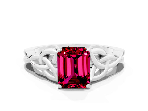 White gold Emerald Cut Garnet Solitaire Celtic Knot Ring with Four-Prong Setting_12